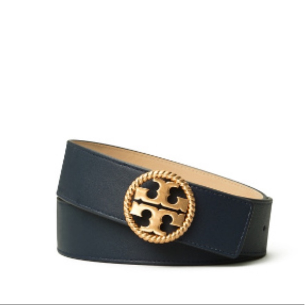Tory Burch navy twisted logo buckle belt
